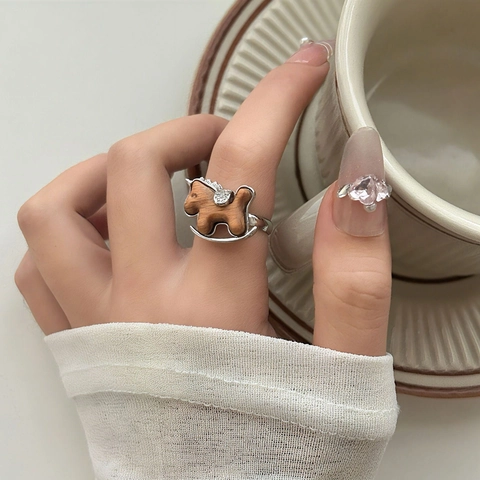 Vintage Wooden Rocking Horse Adjustable Open Ring And Wax Cord Pendant Necklace Set For Women Copper Alloy Retro Jewelry