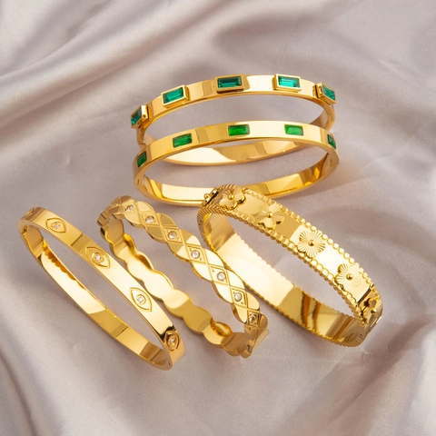 Vintage Titaniumstaal Vergulde Armband Voor Vrouwen Smaragdgroen Zirkonia Boze Oog Gereste Strass Ingelegde Armband Mode Sieraden Huwelijkscadeau