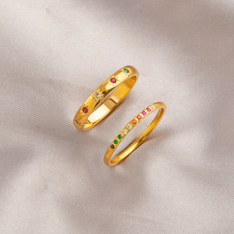 Verguld Roestvrij Staal Achtpuntige Ster Ring Kleurrijke Regenboog Zirkonia Ingelegde Ring Mode Luxe Vrouwen Sieraden
