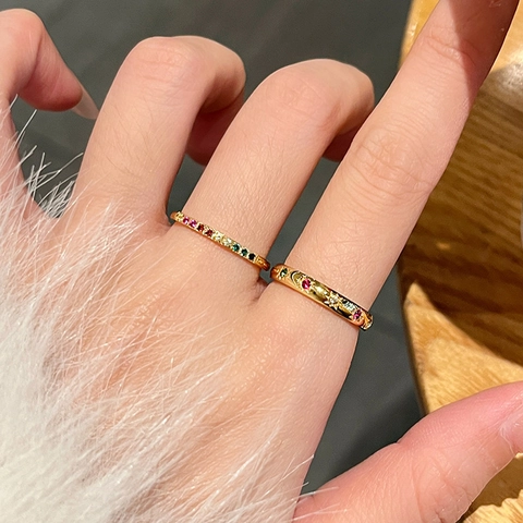 Verguld Roestvrij Staal Achtpuntige Ster Ring Kleurrijke Regenboog Zirkonia Ingelegde Ring Mode Luxe Vrouwen Sieraden