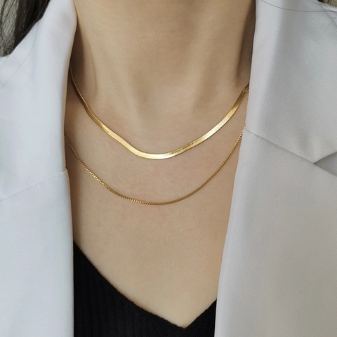 Collier Double Couche en Acier Inoxydable Chaîne Serpent pour Femme Or Argent Pendentif Cœur Bijoux Minimalistes Ras du Cou
