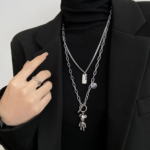 Vintage Stainless Steel Double Layer Teddy Bear Pendant Necklace With Square Tag OT Buckle Silver Jewelry For Women