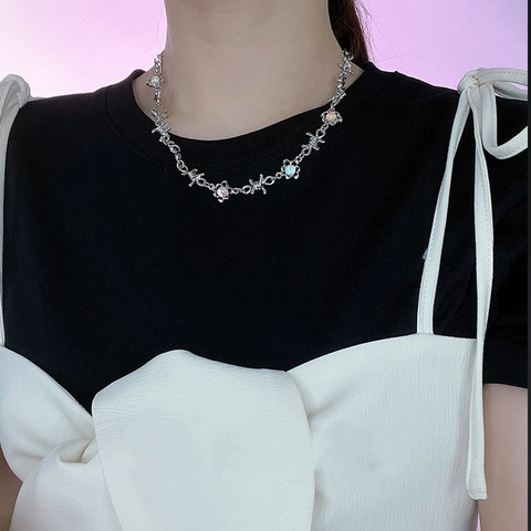 Y2K Punk Barbed Wire Thorns Chain Necklace Titanium Steel Alloy Iridescent Moonstone Glass Pendant Choker For Women Jewelry