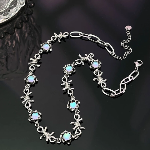 Y2K Punk Barbed Wire Thorns Chain Necklace Titanium Steel Alloy Iridescent Moonstone Glass Pendant Choker For Women Jewelry