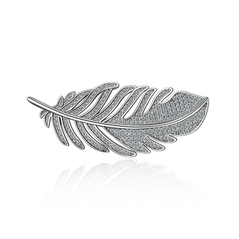 Elegante Spilla a Piuma in Zircone per Donna Rame Placcato Platino Semplice Spilla per Cardigan Cappotto Invernale Gioielli