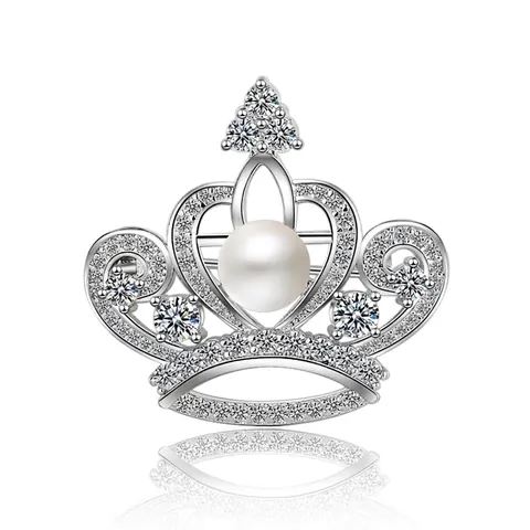 Elegante Spilla a Corona Coreana con Zirconi per Donna Lussuosa Spilla Placcata Platino con Perla Artificial ABS Gioielli da Sposa