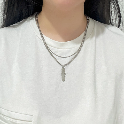 Double Layer Feather Pendant Necklace Stainless Steel Titanium Steel Snake Bone Chain Stacked Style For Women Men Hip Hop Jewelry