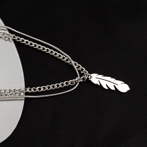 Double Layer Feather Pendant Necklace Stainless Steel Titanium Steel Snake Bone Chain Stacked Style For Women Men Hip Hop Jewelry