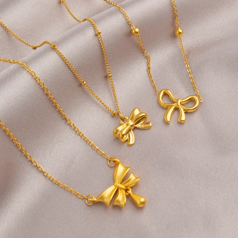 Collier Nœud Papillon en Acier Titane Plaqué Or Élégant Pendentif Cœur Muguet Goutte d'Eau Chaîne de Clavicule Bijoux