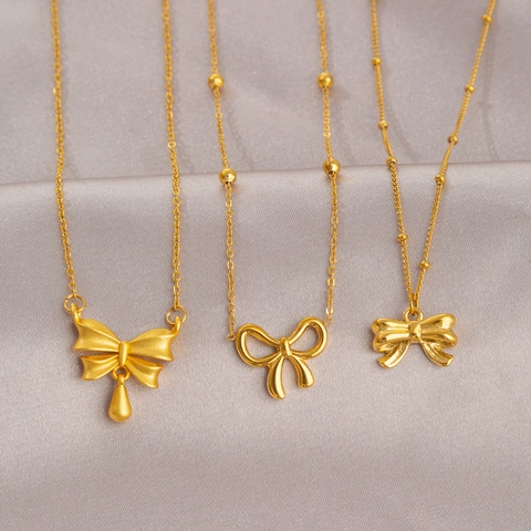 Collier Nœud Papillon en Acier Titane Plaqué Or Élégant Pendentif Cœur Muguet Goutte d'Eau Chaîne de Clavicule Bijoux