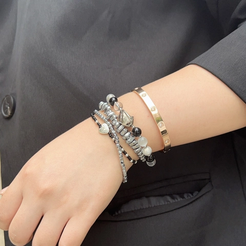 Neuer Chinesischer Stil Herz Perlenarmband Für Damen Herren Edelstahl Harz Fragmente Armband Set Süß Cool Gothic Stapelbarer Schmuck Alltag Party Geschenk