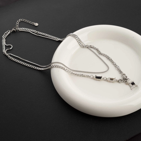 Men Stainless Steel Double Layered Necklace With Star Pendant Black Zirconia Hip Hop Punk Style Adjustable Chain Jewelry