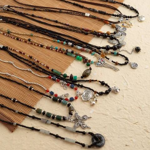 Etnische Vintage Hanger Halsketting Voor Vrouwen Kralen Sleutelbeen Ketting Legering Natuursteen Parel Vlinder Veiligheidsslot Sieraden Cadeau
