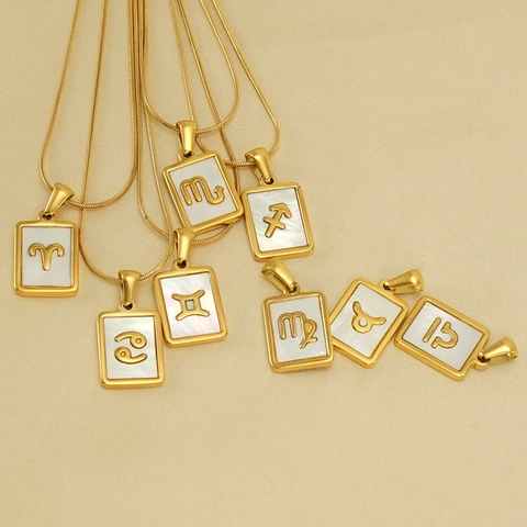 18K Gold Plated Stainless Steel Zodiac Necklace Women Rectangular Shell Pendant Snake Chain Astrology Jewelry Gift