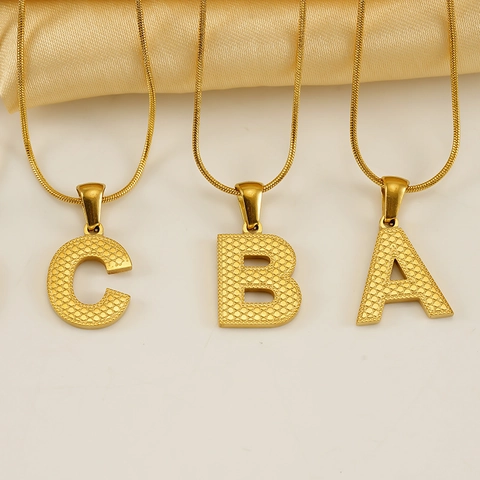 Stainless Steel Alphabet Pendant Necklace Gold Plated Honeycomb Texture Snake Chain For Women Men Fashion Jewelry Gift