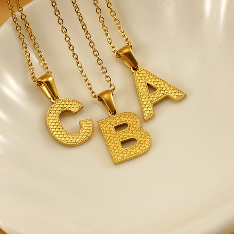 18K Gold Plated Stainless Steel Alphabet Initial Letter Pendant Necklace Textured A-Z Jewelry For Men Women Unisex Gift