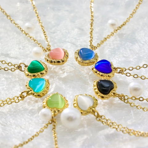 French Vintage Heart Cat Eye Stone Pendant Necklace 18K Gold Plated Titanium Steel Clavicle Chain For Women Jewelry Gift