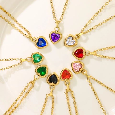 Vintage French Heart Zirconia Pendant Necklace For Women Gold Plated Stainless Steel Chain Niche Design Jewelry Gift