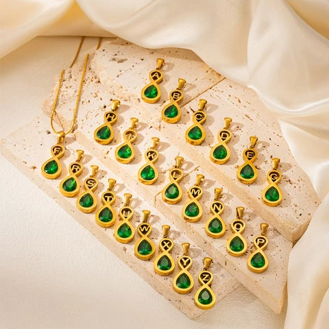 Fashion Gold Plated Stainless Steel Infinity Green Zirconia English Letter Pendant Necklace For Women Jewelry