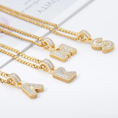 Iced Out Alphabet Pendant Necklace For Men Women Gold Silver Plated Stainless Steel Cuban Chain Baguette Zirconia Capital Letter Alphabet Hip Hop Jewelry Gift