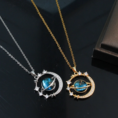 Stainless Steel Blue Planet Pendant Necklace For Women Western Style Moon Star Saturn Rhinestone Galaxy Universe Jewelry