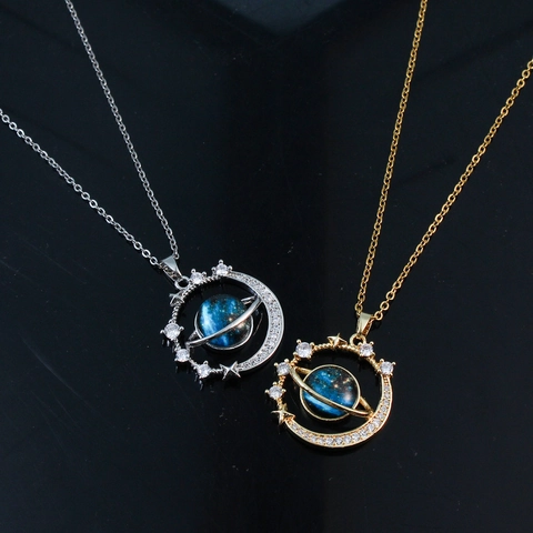 Stainless Steel Blue Planet Pendant Necklace For Women Western Style Moon Star Saturn Rhinestone Galaxy Universe Jewelry