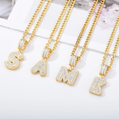 Iced Out Alphabet Pendant Necklace For Men Women Gold Silver Plated Stainless Steel Cuban Chain Baguette Zirconia Capital Letter Alphabet Hip Hop Jewelry Gift