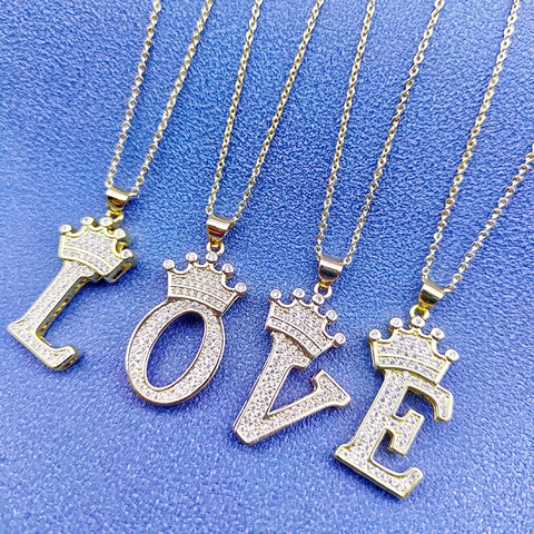 18K Gold Plated Crown Initial Letter Pendant Necklace Full Zirconia Rhinestone Stainless Steel Chain Hip Hop Jewelry Gift