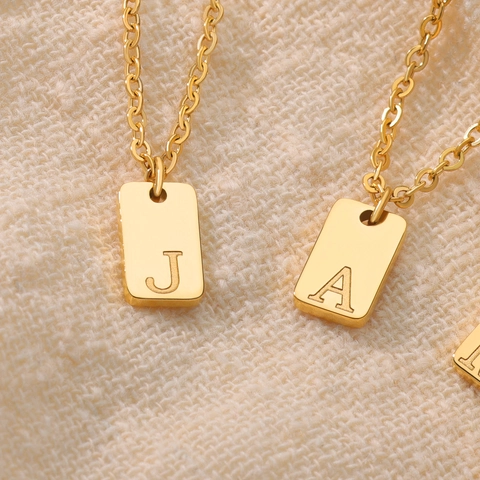 Minimalist Stainless Steel Square Pendant Necklace With Initial English Letter A-Z For Men Women Gold Silver Jewelry