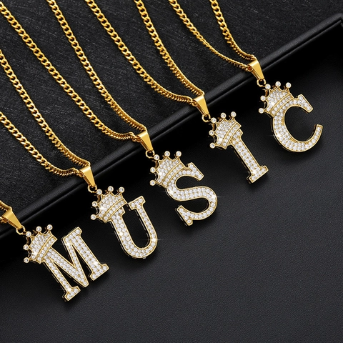 Hip Hop Krone A-Z Initial Anhänger Halskette Für Herren Edelstahlkette Kupfer Zirkonia Iced Out Initial Buchstabe Halskette
