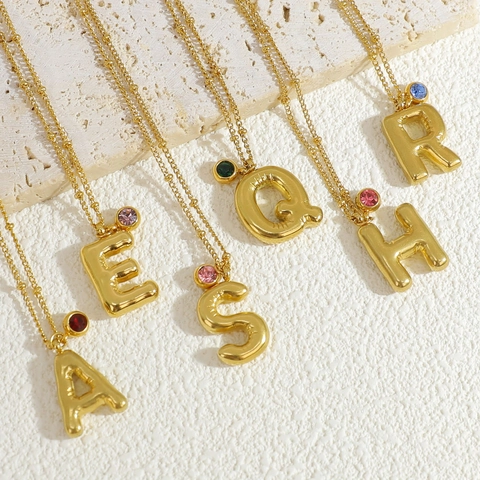 18K Gold Plated Stainless Steel Birthstone Letter Necklace For Women Puffed Balloon Initial Pendant Clavicle Chain Jewelry Gift