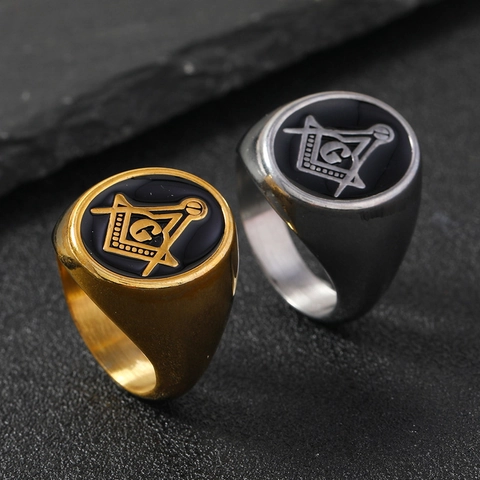 Vintage Stainless Steel Freemasonry Signet Ring For Men Gold Silver Plated Enamel Masonic G Symbol Hip Hop Jewelry Ring