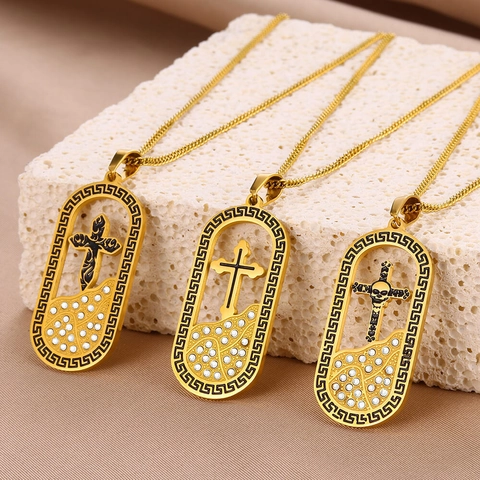 Vergoldete Edelstahl Kreuz Anhänger Halskette Mit Totenkopf Griechischer Mäander Rand Zirkonia Gothic Punk Hip Hop Schmuck Für Herren Damen