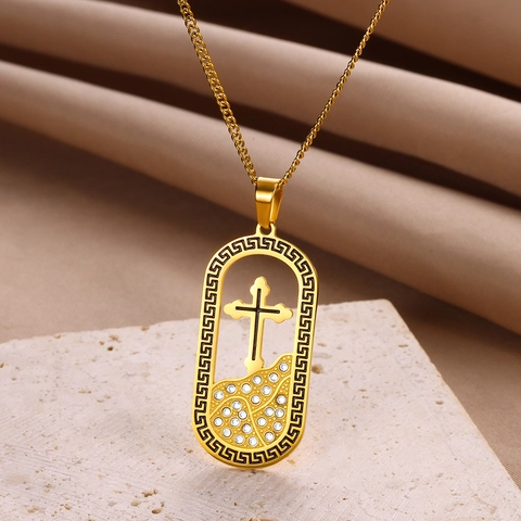 Vergoldete Edelstahl Kreuz Anhänger Halskette Mit Totenkopf Griechischer Mäander Rand Zirkonia Gothic Punk Hip Hop Schmuck Für Herren Damen