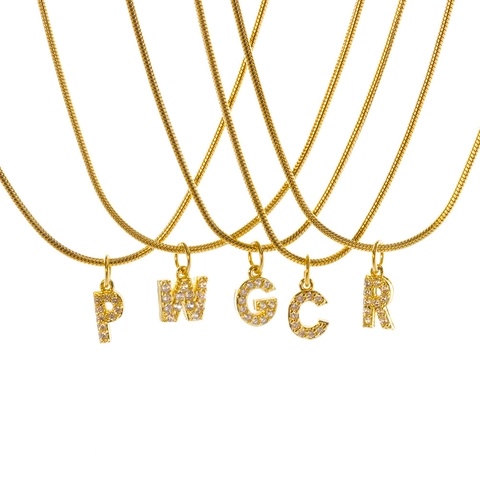 Stainless Steel Gold Plated Rhinestone Initial Letter Necklace Hip Hop Style Snake Bone Chain Unisex Jewelry Gift
