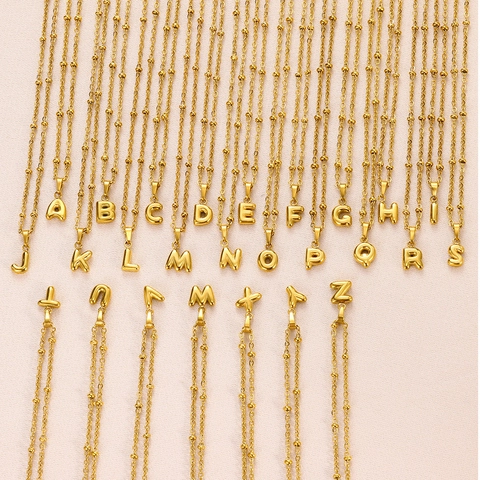 Fashion 18K Gold Plated Stainless Steel 3D Bubble Alphabet Initial Letter Pendant Necklace Minimalist Satellite Chain