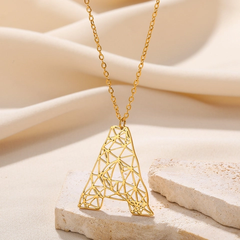 Geometric Hollow Capital Letter Pendant Necklace Stainless Steel Chain Copper Gold Plated Alphabet Jewelry For Women Men