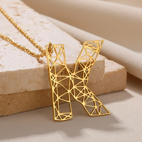 Geometric Hollow Capital Letter Pendant Necklace Stainless Steel Chain Copper Gold Plated Alphabet Jewelry For Women Men