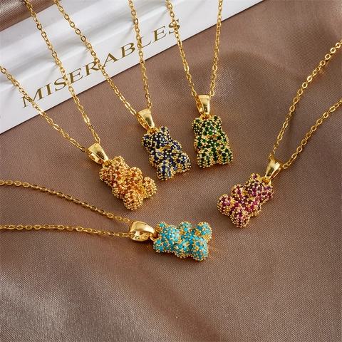 Fashion Copper Teddy Bear Pendant Necklace Stainless Steel Chain Rhinestone Pave Clavicle Chain For Women Jewelry Gift