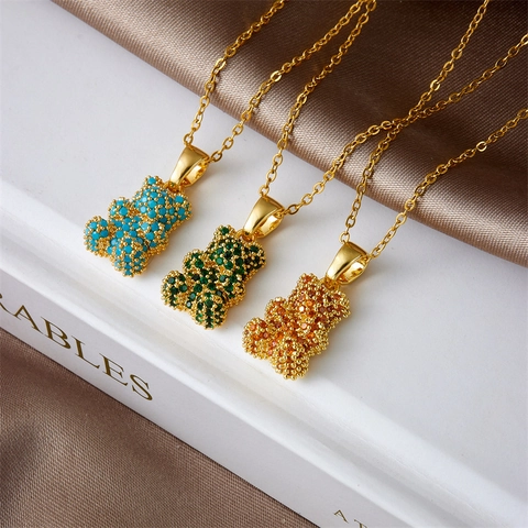 Fashion Copper Teddy Bear Pendant Necklace Stainless Steel Chain Rhinestone Pave Clavicle Chain For Women Jewelry Gift