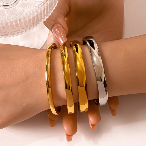Minimalist Stainless Steel Bangle Bracelet Mirror Polished 18K Gold Plated Hinged Geometric Hip Hop Jewelry For Women
