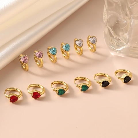 Vintage Heart Zircon Hoop Earrings Stainless Steel Gold Plated Colorful Stone Huggie For Women Luxury Elegant