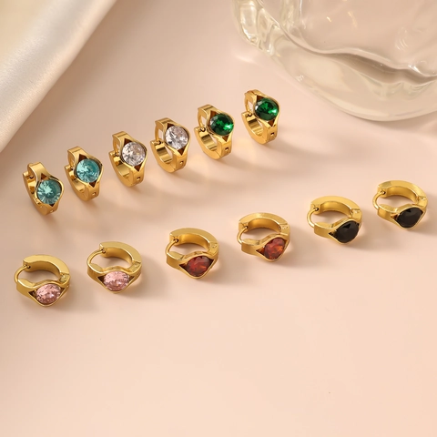 Luxury 304 Stainless Steel Gold Plated Huggie Hoop Earrings For Women Round Colorful Zirconia Inlaid Daily Jewelry