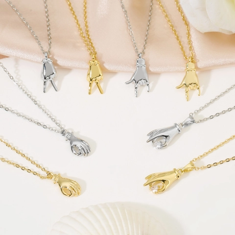 Fashion Copper Gesture Pendant Necklace With Zirconia Gold Silver OK Rock V Hand Gesture Necklace Jewelry For Women
