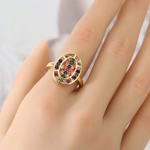 Bohemian Vintage Copper Ring Colorful Zircon Oval Gold Plated Rhinestone Finger Ring For Women Party Daily Fashion Jewelry