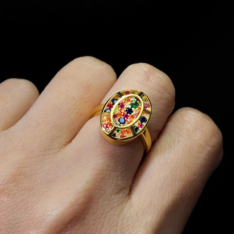 Bohemian Vintage Copper Ring Colorful Zircon Oval Gold Plated Rhinestone Finger Ring For Women Party Daily Fashion Jewelry