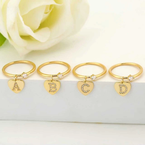 Damen Initial Herz Ring Vergoldet Kupfer Zirkonia Zierlich Buchstaben Anhänger Fingerring Mode Schmuck