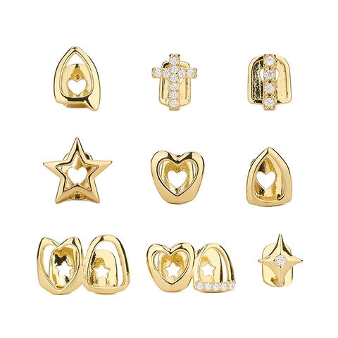 Hip Hop Grillz Heart Star Cross Hollow Tooth Cap Copper Zirconia Gold Silver Teeth Decoration Jewelry For Halloween Party Unisex
