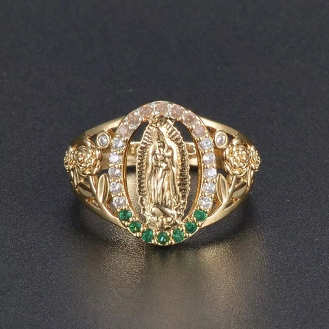 Bague Religieuse Vierge Marie Notre Dame De Guadalupe Plaqué Or Cuivre Zircone Rose Fleur Ajourée Bijoux Femme