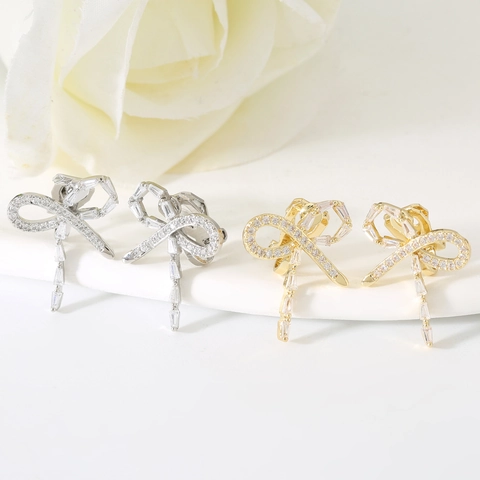 Elegant Copper Zirconia Bowknot Ear Clips For Women Non Pierced Earrings Gold Silver Bow Ribbon Dangle Earrings Jewelry